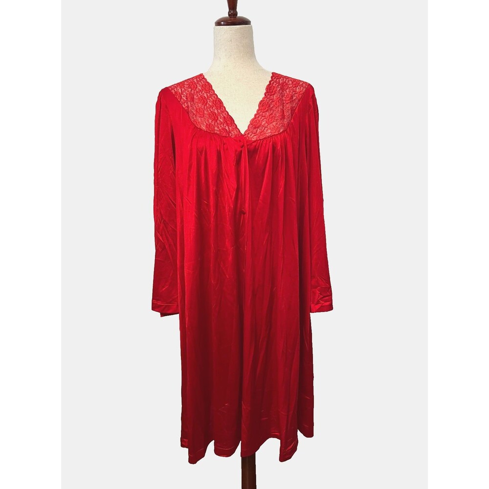 Vtg Vanity Fair Women's XL Red Satin Lace Button Front Nightgown Robe Dress Rose